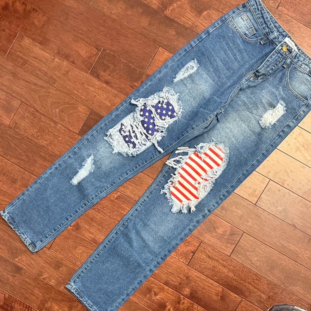 ❤️ MISSLOOK Blue Distressed USA Flag Open Patch Distressed Denim Jeans S